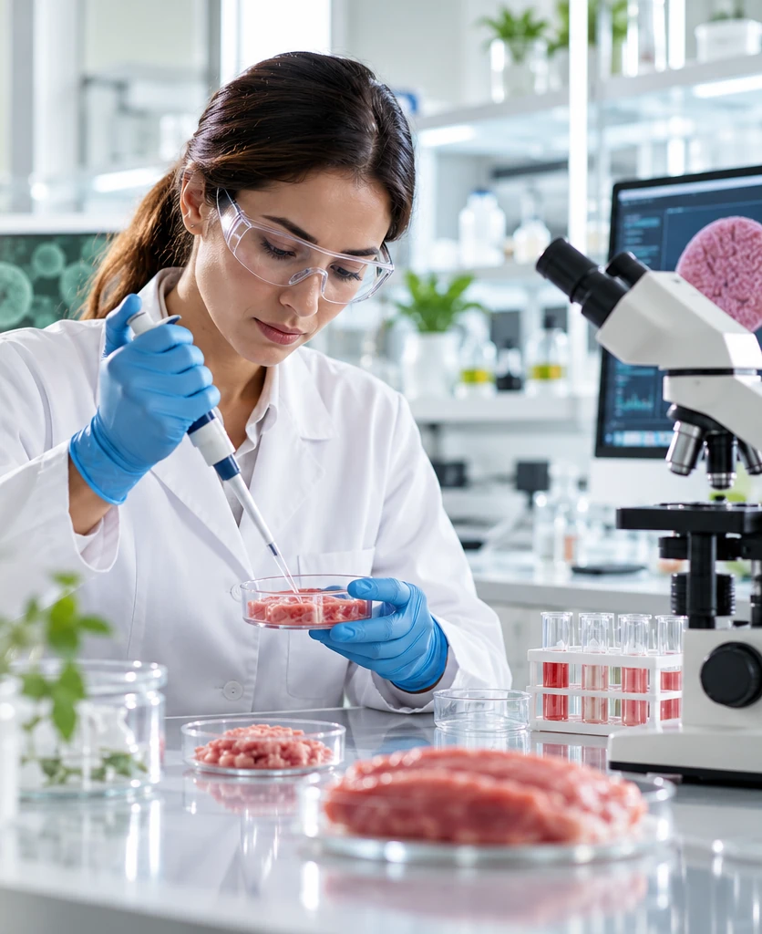 Illustrative AI-generated photograph of a scientist researching cell cultivation in a biotechnology laboratory